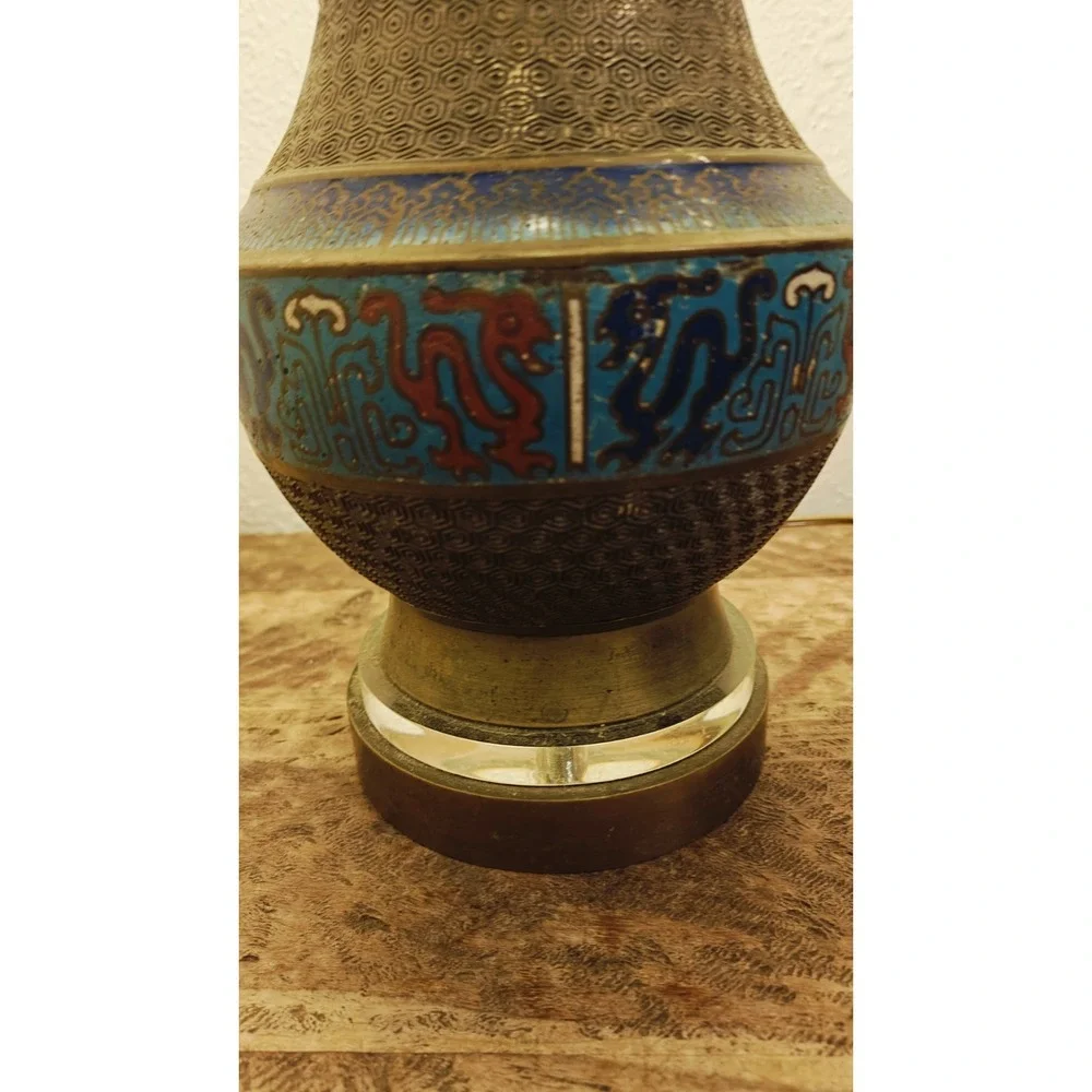 Vintage Japanese Champleve Bronze Enamel Cloisonne Table Lamp Works!
